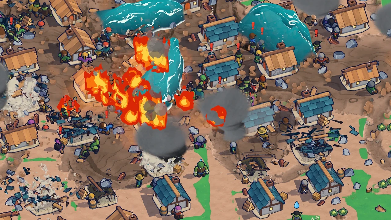 Fire and turquoise waves sweep through a stylized village during development